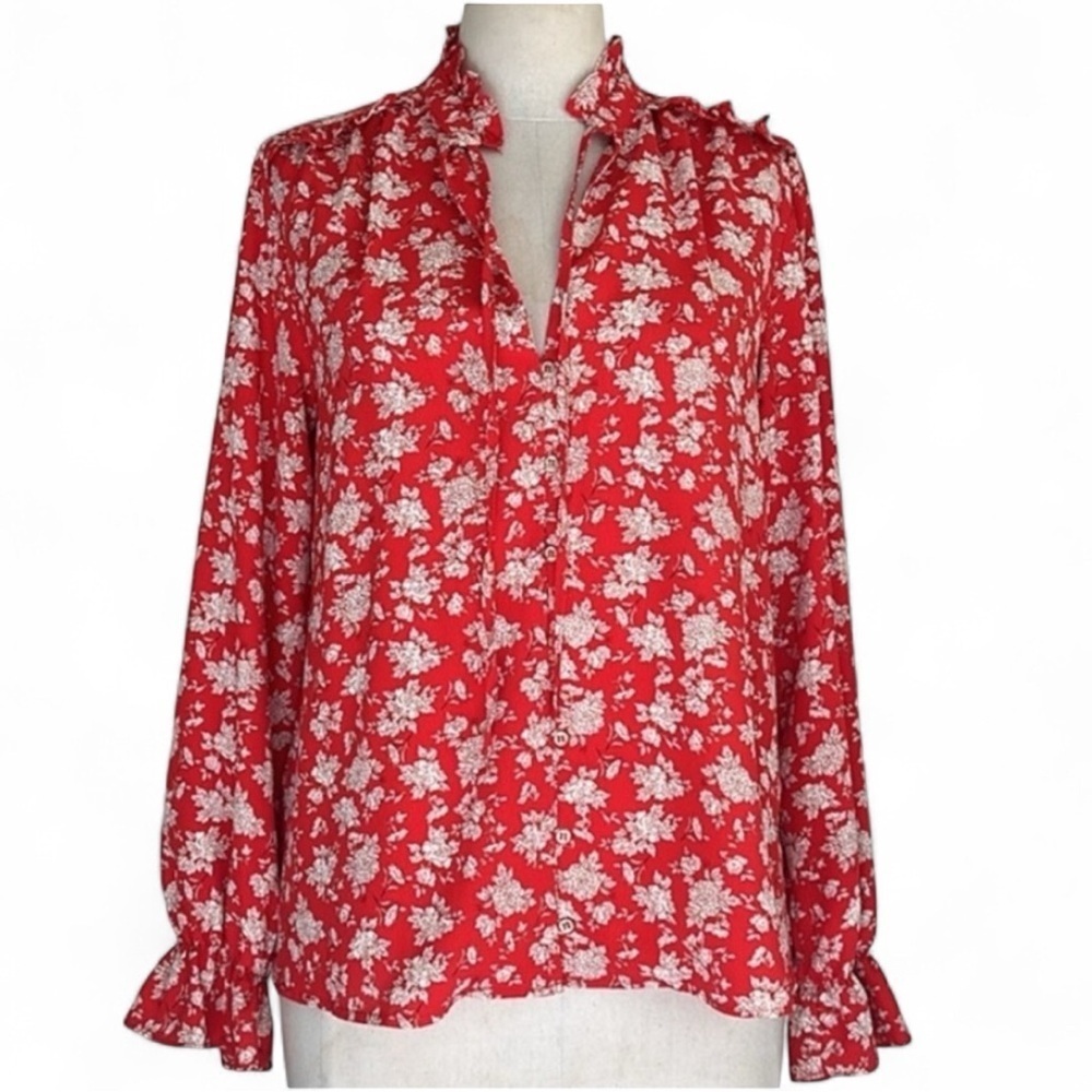 ZARA Floral PEASANT red RUFFLE Luxe Button Down Blouse Tie Top sz Medium